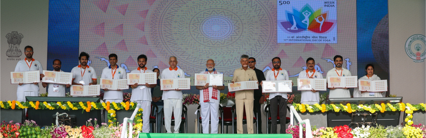 PM releases a special postal stamp commemorating 11th International Day of Yoga celebrations at Visakhapatnam, in Andhra Pradesh