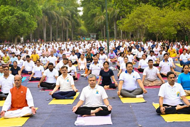 The Union Minister of Railways, Minister of Information and Broadcasting and Minister of Electronics and Information Technology, Shri Ashwini Vaishnaw participates in 10th International Day of Yoga celebrations, in New Delhi on June 21, 2024.