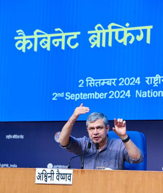 The Union Minister of Railways, Information and Broadcasting and Electronics and Information Technology, Shri Ashwini Vaishnaw briefing the media on Cabinet decisions at National Media Centre, in New Delhi on September 02, 2024.