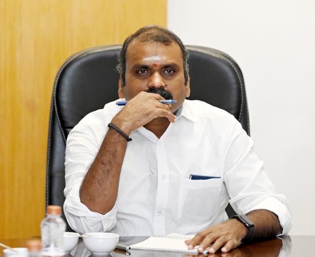 The Minister of State for Information and Broadcasting and Parliamentary Affairs, Dr. L. Murugan chairs a review meeting at the BECIL (Broadcast Engineering Consultants India Limited) headquarters in Noida, Uttar Pradesh on October 16, 2024.