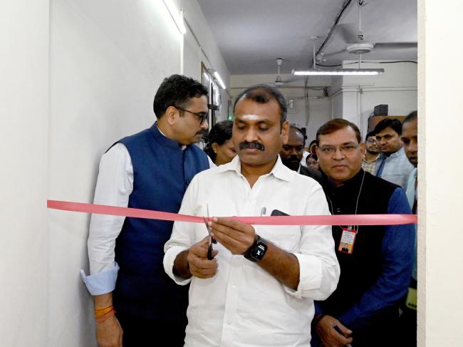 The Minister of State for Information and Broadcasting and Parliamentary Affairs, Dr. L. Murugan interacting with media during the inauguration of the i-GOT Lab and Learning Centre at Shastri Bhawan, in New Delhi on October 25, 2024.