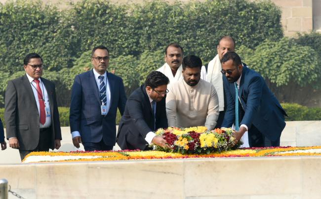 The President of the Democratic Socialist Republic of Sri Lanka Mr. Anura Kumara Disanayaka laying a wreath at the Samadhi of Mahatma Gandhi at Rajghat, in New Delhi on December 16, 2024.