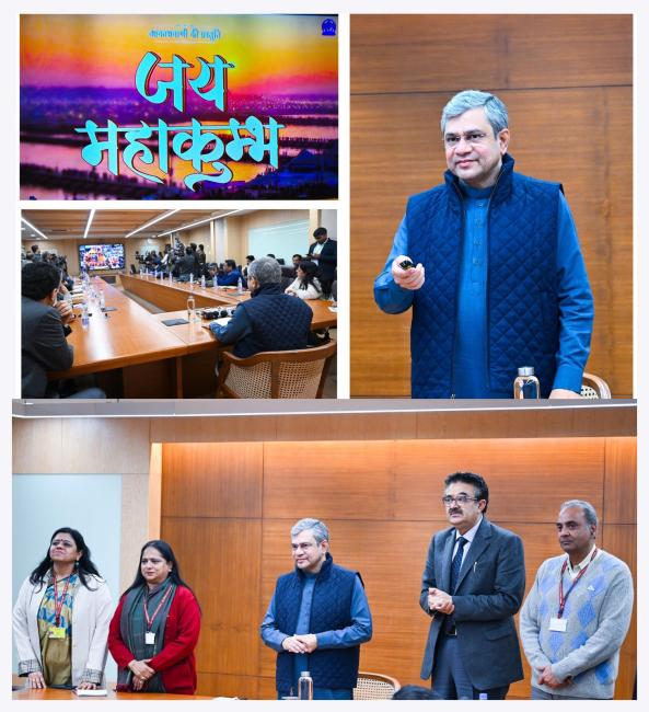 The Union Minister of Railways, Information and Broadcasting and Electronics and Information Technology, Shri Ashwini Vaishnaw launches a special song of Akashvani and Doordarshan dedicated to Maha Kumbh 2025, in New Delhi on January 08, 2025.