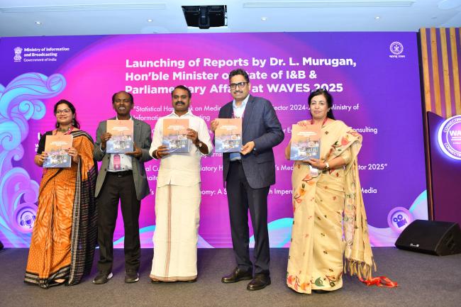The Minister of State for Information and Broadcasting and Parliamentary Affairs, Dr. L. Murugan launched Five reports including statistical handbook on Media and Entertainment Sector 2024-2025 at WAVES 2025, in Mumbai, Maharashtra on May 03, 2025.