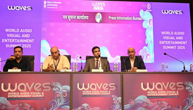 Shri Mustafa Harnesswala, Founder (Cabil), Shri Sandeep Jhingran, Chief Growth Officer (IMAI), Shri Ashutosh Mohle, Joint Director (MIB) and Shri Rajesh Joshi ,Venture Partner, Warmup Ventures addressing at WAVES 2025 in Mumbai, Maharashtra on May 04, 2025.