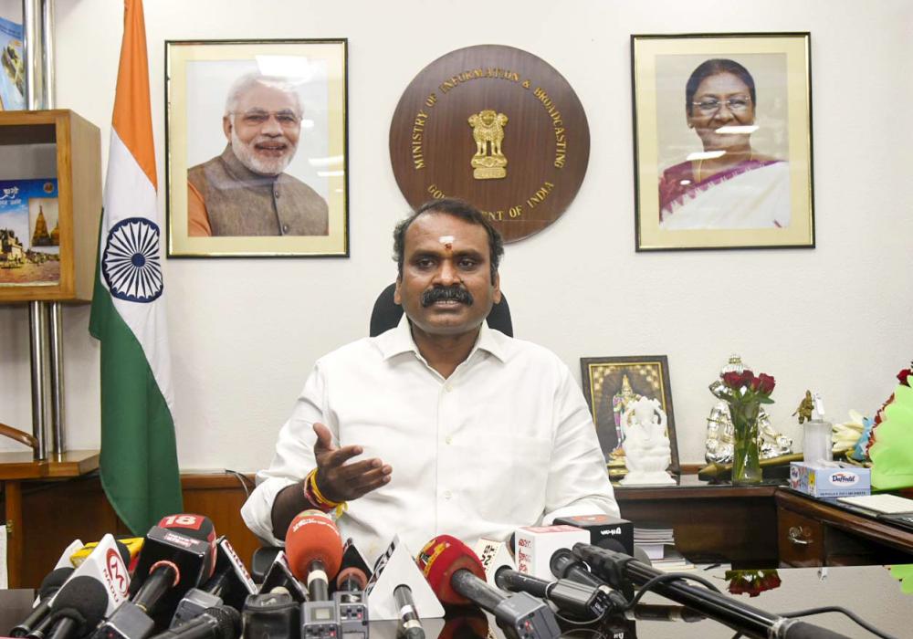 Dr. L. Murugan addressing the Media after assuming charge as the MOS For MIB