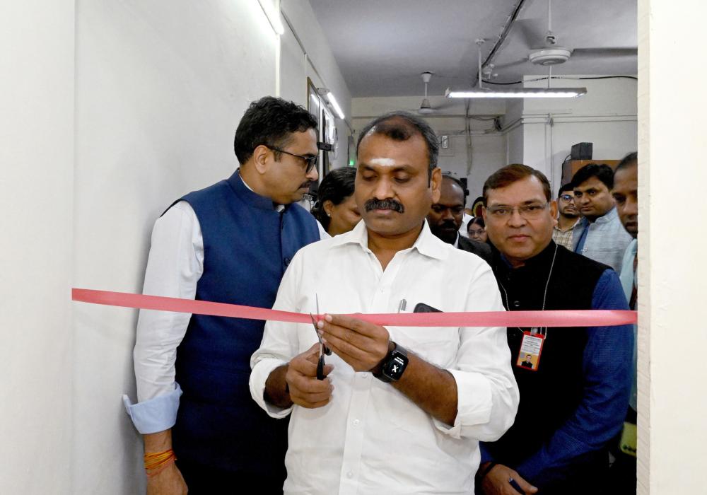 The Minister of State for Information and Broadcasting and Parliamentary Affairs, Dr. L. Murugan interacting with media during the inauguration of the i-GOT Lab and Learning Centre at Shastri Bhawan, in New Delhi on October 25, 2024.