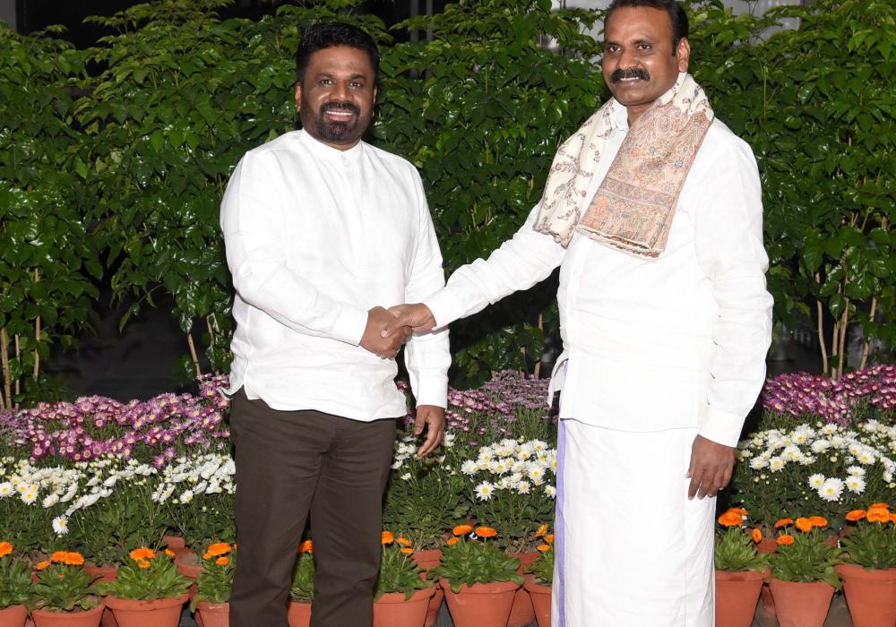 The President of the Democratic Socialist Republic of Sri Lanka, Mr. Anura Kumara Dissanayake welcome by the Minister of State for Information and Broadcasting and Parliamentary Affairs, Dr. L. Murugan