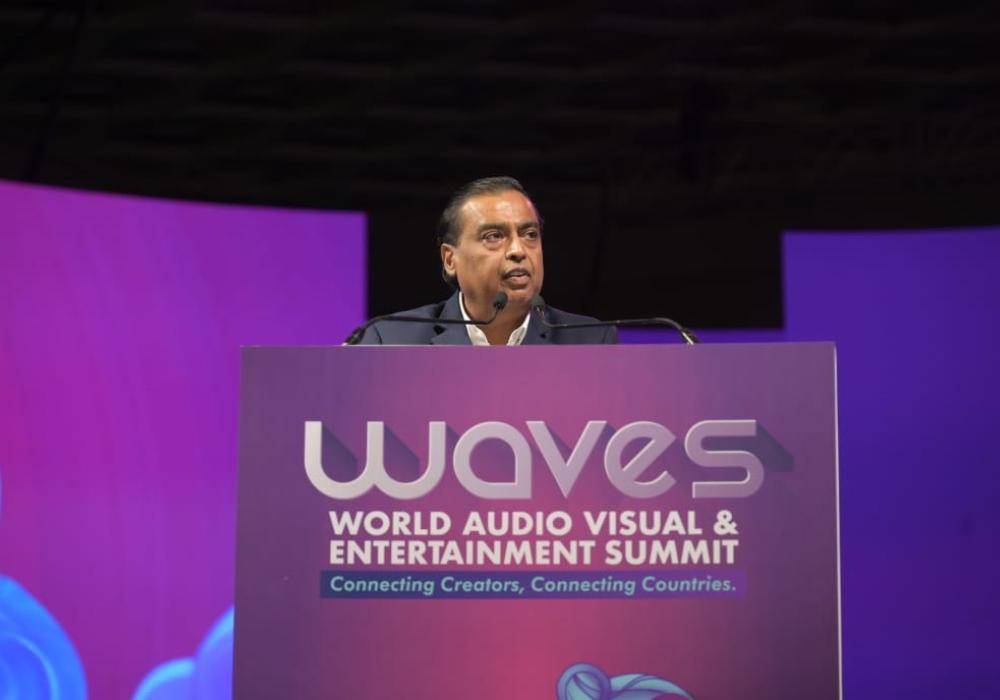 Mukesh Ambani Unveils Vision for India-Led Global Entertainment Revolution at WAVES 2025 at Mumbai, in Maharashtra on May 01, 2025.