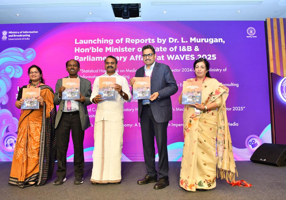 The Minister of State for Information and Broadcasting and Parliamentary Affairs, Dr. L. Murugan launched Five reports including statistical handbook on Media and Entertainment Sector 2024-2025 at WAVES 2025, in Mumbai, Maharashtra on May 03, 2025.