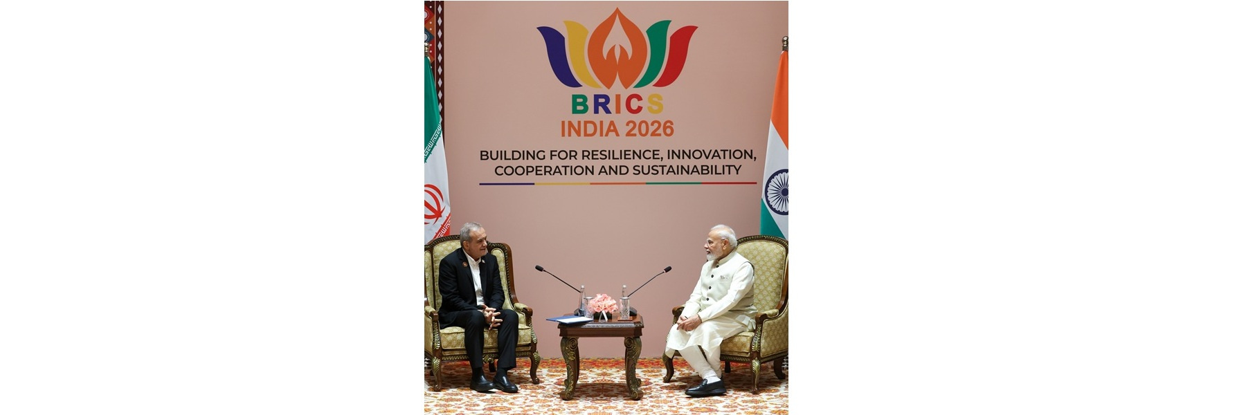PM meeting with the President of the Islamic Republic of Iran, Mr. Masoud Pezeshkian on the sidelines of the 18th BRICS Summit at Bharat Mandapam, in New Delhi.