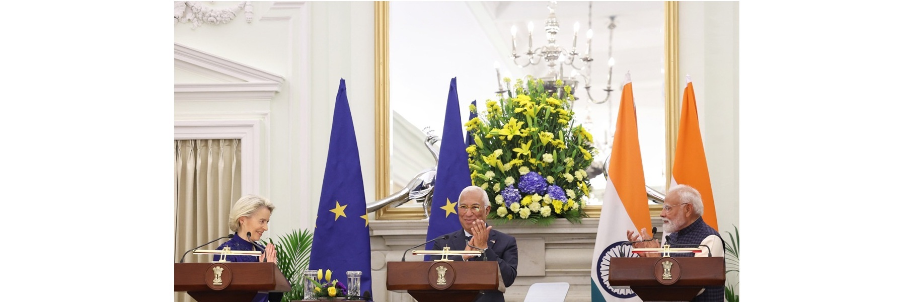 PM, the President of the European Council, Mr. António Luís Santos da Costa and the President of the European Commission, Ms. Ursula von der Leyen witness the Exchange of MoUs between India and EU, in Hyderabad House, New Delhi