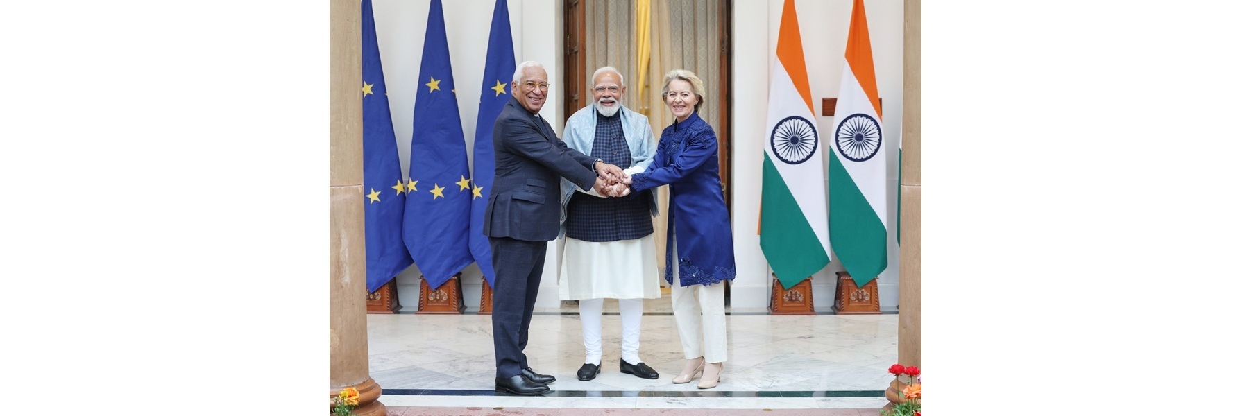 PM meets the President of the European Council, Mr. António Luís Santos da Costa and the President of the European Commission, Ms. Ursula von der Leyen at Hyderabad House, in New Delhi 