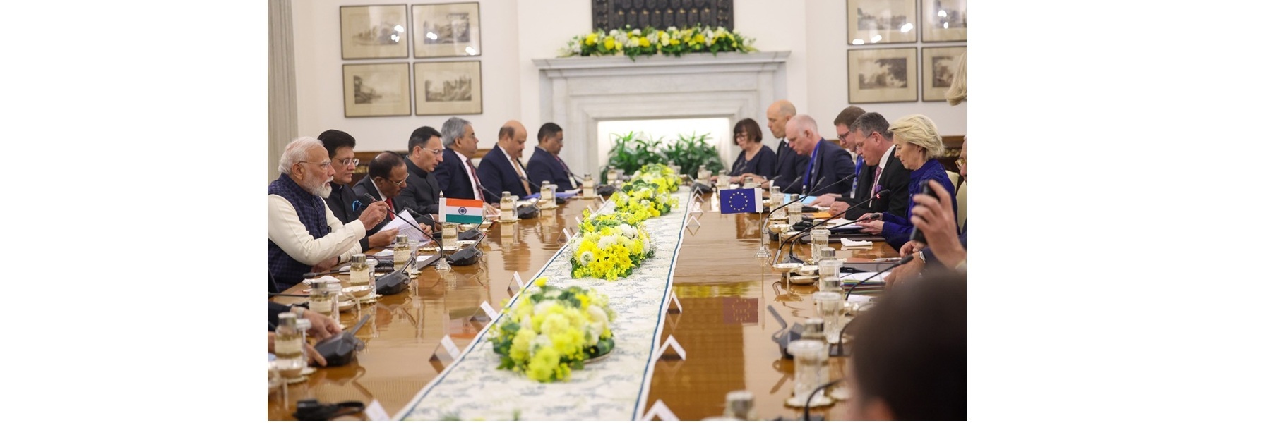 PM attends the delegation level talks with the President of the European Council, Mr. António Luís Santos da Costa and the President of the European Commission, Ms. Ursula von der Leyen at Hyderabad House, in New Delhi 