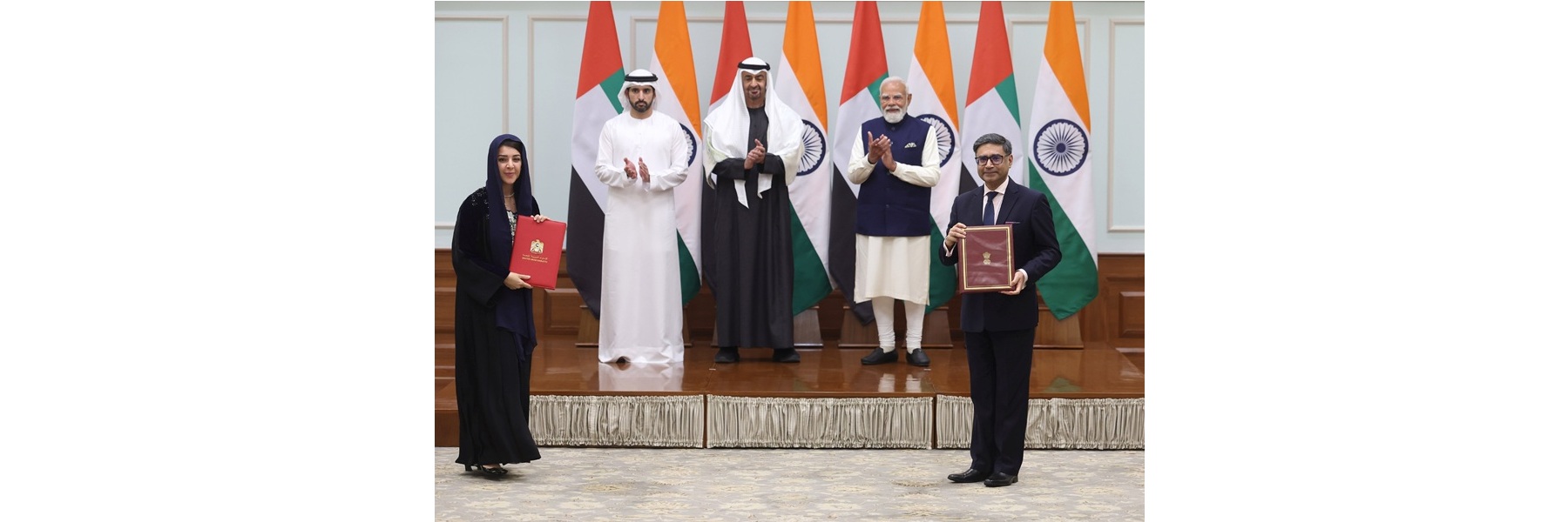 PM and the President of the United Arab Emirates Sheikh Mohamed bin Zayed Al Nahyan witnessing the Exchange of MoUs between India and UAE at 7, Lok Kalyan Marg, in New Delhi