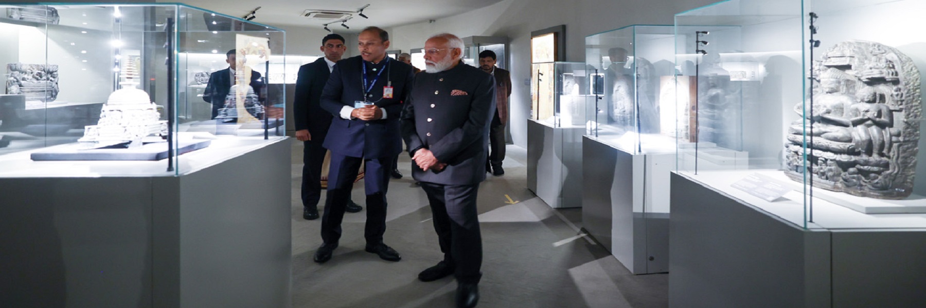 PM walks through the exhibition titled ‘The Light and the Lotus Relics of the Awakened One’ at the Rai Pithora Cultural Complex, in New Delhi