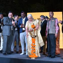 Hon’ble Governor of Goa Smt. Mridula Sinha lighting lamps during the Cultural night of Jharkhand day celebration at IFFI 2018.