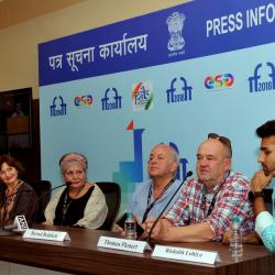 The cast and crew of closing film of IFFI 2018‘ The Sealed Lips’ addressing the media.