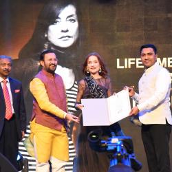 Veteran French Actress Isabelle Huppert being felicitated with Lifetime Achievement Award IFFI-2019, at the inauguration of the 50th International Film Festival of India (IFFI-2019), in Panaji, Goa on November 20, 2019. The Union Minister for Environment, Forest & Climate Change, Information & Broadcasting and Heavy Industries and Public Enterprise, Shri Prakash Javadekar, the Chief Minister of Goa, Shri Pramod Sawant and the Secretary, Ministry of Information & Broadcasting, Shri Amit Khare are also seen
