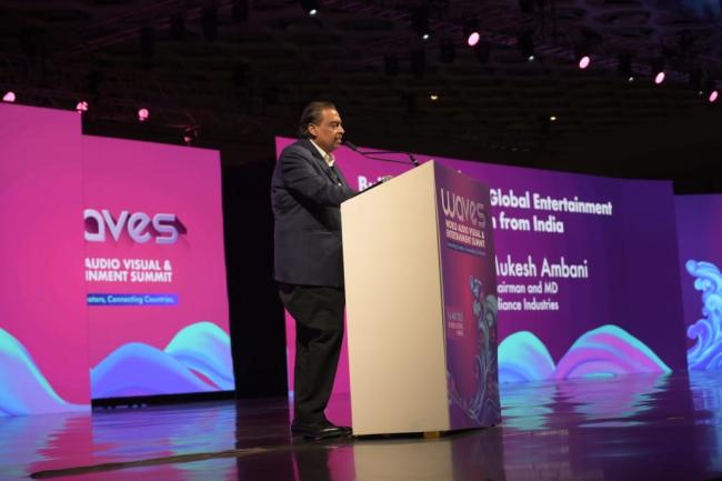 Mukesh Ambani Unveils Vision for India-Led Global Entertainment Revolution at WAVES 2025 at Mumbai, in Maharashtra on May 01, 2025.