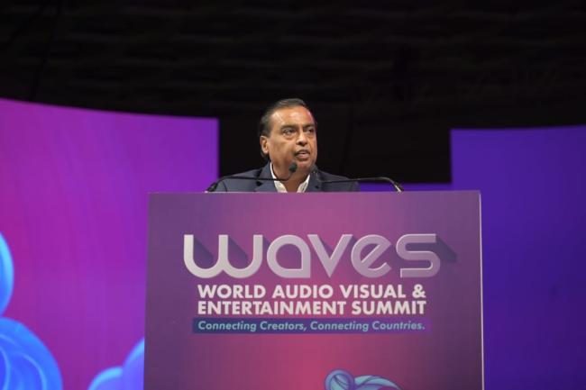 Mukesh Ambani Unveils Vision for India-Led Global Entertainment Revolution at WAVES 2025 at Mumbai, in Maharashtra on May 01, 2025.